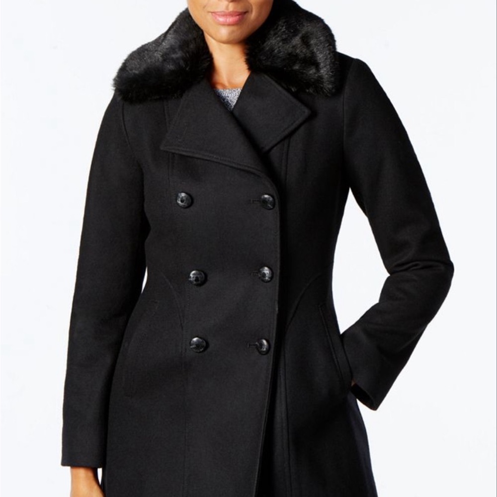I.N.C Faux fur collar wool-blend peacoat, black